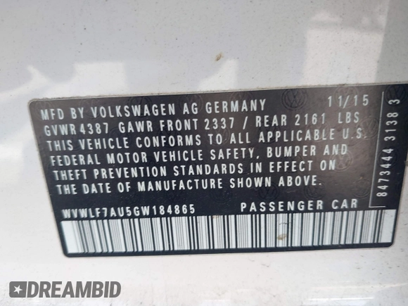 2016 Volkswagen Golf с VIN WVWLF7AU5GW184865, выставлен на аукционе IAAI как лот 42207839 с пробегом 207 994 миль миль и . История ставок и продаж доступна на DreamBid. Изображение 9.