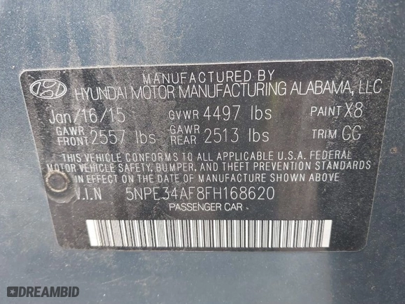 2015 Hyundai Sonata 2.4L Limited with VIN 5NPE34AF8FH168620, listed as a IAAI auction lot 42077041 with 175,010 mi miles. Bid and sale history available at carsss.com. Image 9.