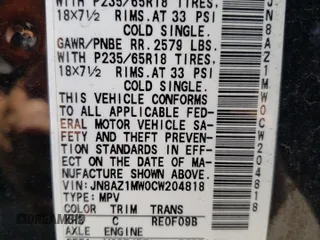 2012 Nissan Murano SL with VIN JN8AZ1MW0CW204818, listed as a Copart auction lot 60725114 with 85,210 mi miles and Salvage Title. Bid and sale history available at carsss.com. Image 14.