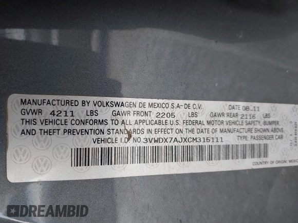 2012 Volkswagen Jetta SE с VIN 3VWDX7AJXCM315111, выставлен на аукционе IAAI как лот 42496661 с пробегом 206 016 миль миль и . История ставок и продаж доступна на DreamBid. Изображение 9.
