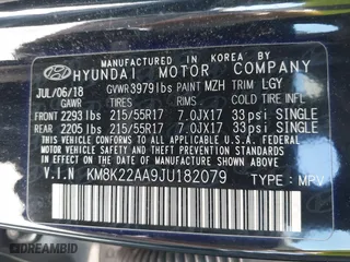 2018 Hyundai Kona SEL with VIN KM8K22AA9JU182079, listed as a IAAI auction lot 41743433 with 56,891 mi miles. Bid and sale history available at carsss.com. Image 9.