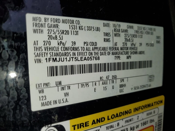 2020 Ford Expedition XLT with VIN 1FMJU1JT5LEA05768, listed as a Copart auction lot 50335285 with 131,422 mi miles and Salvage title. Bid and sale history available at DreamBid. Image 13.