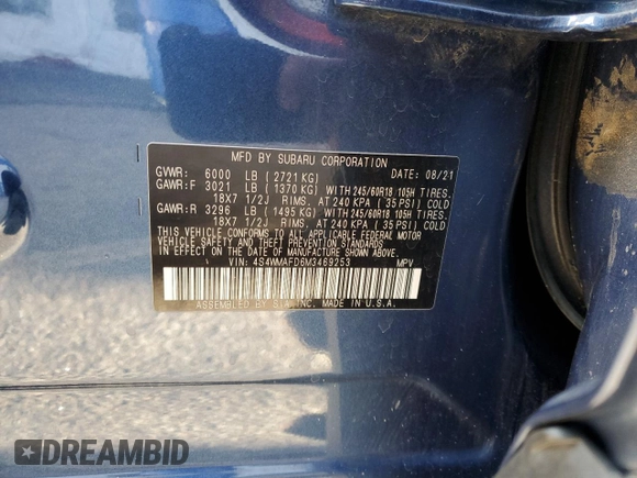 2021 Subaru Ascent Premium z VIN 4S4WMAFD6M3469253, wystawiony jako Copart lot #53916865 z przebiegiem 56 153 mil mil oraz Szkoda całkowita • Salvage title. Historia ofert i sprzedaży dostępna na DreamBid. Obrazek 15.