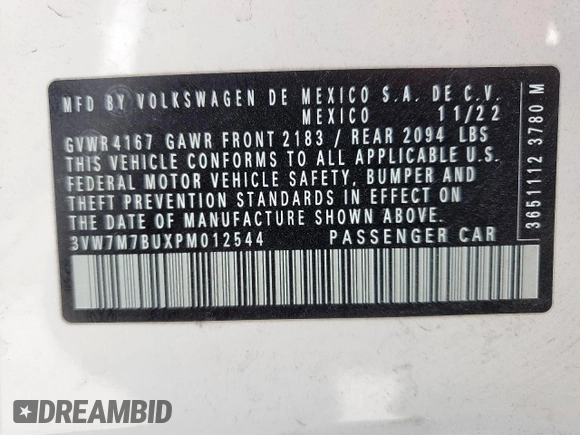 2023 Volkswagen Jetta SE with VIN 3VW7M7BUXPM012544, listed as a Copart auction lot 62155835 with 19,369 mi miles and Salvage title. Bid and sale history available at DreamBid. Image 13.
