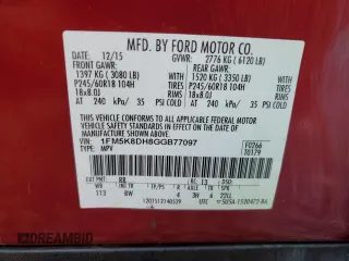 2016 Ford Explorer XLT with VIN 1FM5K8DH8GGB77097, listed as a Copart auction lot 60928394 with 108,678 mi miles and Salvage Title. Bid and sale history available at DreamBid. Image 12.