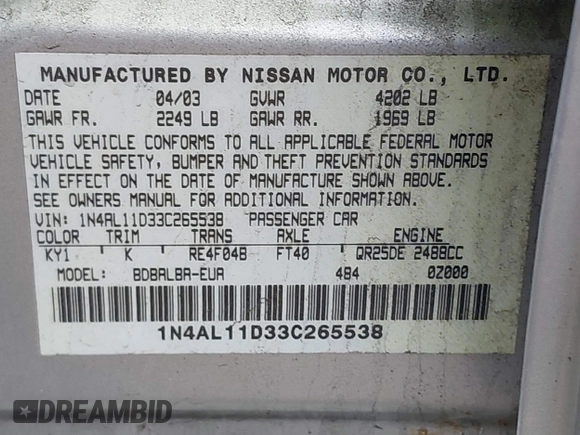 2003 Nissan Altima S with VIN 1N4AL11D33C265538, listed as a IAAI auction lot 42082079 with 180,138 mi miles. Bid and sale history available at carsss.com. Image 9.