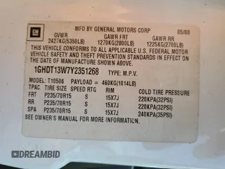 2000 Oldsmobile Bravada z VIN 1GHDT13W7Y2351268, wystawiony jako Copart lot #66408824 z przebiegiem 134 512 mil mil oraz Tytuł czysty. Historia ofert i sprzedaży dostępna na DreamBid. Obrazek 13.