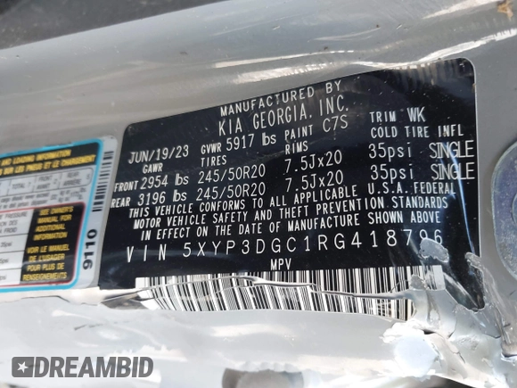 2024 Kia Telluride EX X-Line z VIN 5XYP3DGC1RG418796, wystawiony jako IAAI lot #41790576 z przebiegiem Nie podano mil oraz . Historia ofert i sprzedaży dostępna na DreamBid. Obrazek 9.