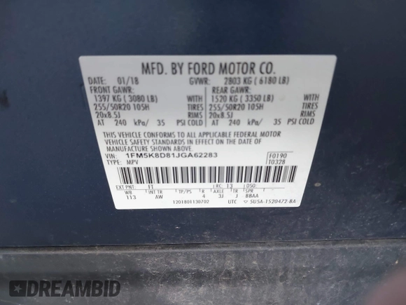 2018 Ford Explorer XLT z VIN 1FM5K8D81JGA62283, wystawiony jako IAAI lot #39962420 z przebiegiem 132 222 mil mil oraz . Historia ofert i sprzedaży dostępna na DreamBid. Obrazek 9.