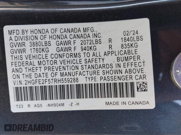 2024 Honda Civic Sport with VIN 2HGFE2F57RH559288, listed as a IAAI auction lot 42206774 with 23,674 mi miles and . Bid and sale history available at DreamBid. Image 9.