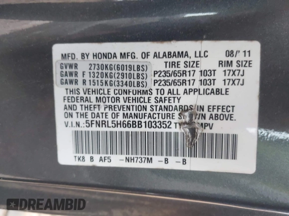 2011 Honda Odyssey EX-L with VIN 5FNRL5H66BB103352, listed as a IAAI auction lot 41901832 with 238,727 mi miles and . Bid and sale history available at carsss.com. Image 9.
