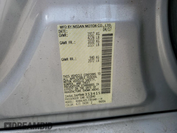 2017 Nissan Altima SR z VIN 1N4AL3AP9HN353415, wystawiony jako Copart lot #50863795 z przebiegiem 112 315 mil mil oraz Szkoda całkowita • Salvage title. Historia ofert i sprzedaży dostępna na DreamBid. Obrazek 14.