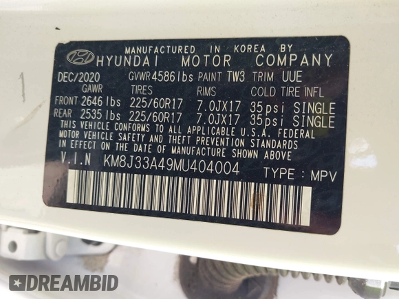 2021 Hyundai Tucson Value with VIN KM8J33A49MU404004, listed as a IAAI auction lot 41978906 with Not Provided miles and . Bid and sale history available at DreamBid. Image 9.