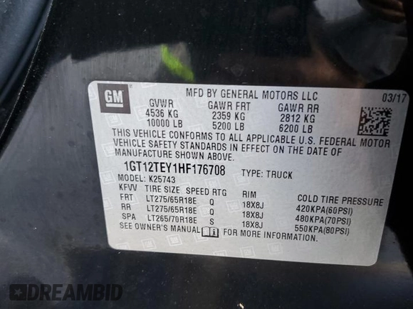 2017 GMC Sierra 2500HD SLT with VIN 1GT12TEY1HF176708, listed as a Copart auction lot 76921604 with 0 mi miles and Salvage Title. Bid and sale history available at carsss.com. Image 12.