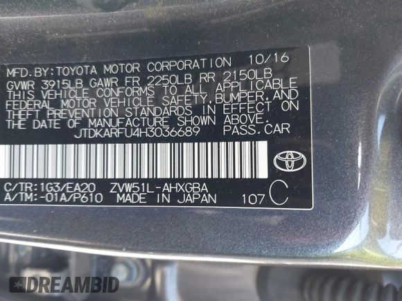 2017 Toyota Prius Two with VIN JTDKARFU4H3036689, listed as a IAAI auction lot 42265196 with 110,310 mi miles and . Bid and sale history available at DreamBid. Image 9.