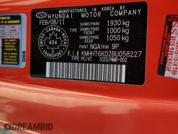 2011 Hyundai Genesis Coupe with VIN KMHHT6KD2BU058227, listed as a Copart auction lot 62154355 with 138,688 mi miles and Clean title. Bid and sale history available at DreamBid. Image 12.