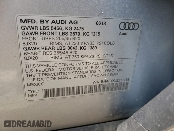 2018 Audi Q5 Premium Plus with VIN WA1BNAFYXJ2211168, listed as a Copart auction lot 45930431 with 25,250 mi miles. Bid and sale history available at carsss.com. Image 10.