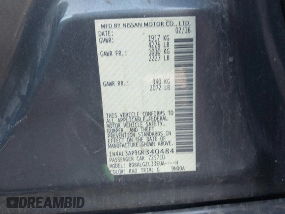 2016 Nissan Altima S with VIN 1N4AL3AP9GN340484, listed as a IAAI auction lot 42147171 with 109,676 mi miles and . Bid and sale history available at carsss.com. Image 9.