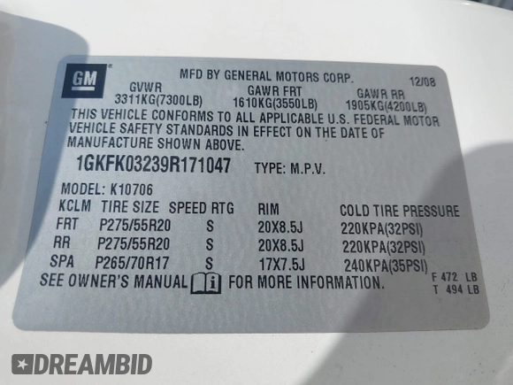 2009 GMC Yukon Denali z VIN 1GKFK03239R171047, wystawiony jako IAAI lot #42249148 z przebiegiem 148 244 mil mil oraz . Historia ofert i sprzedaży dostępna na DreamBid. Obrazek 9.