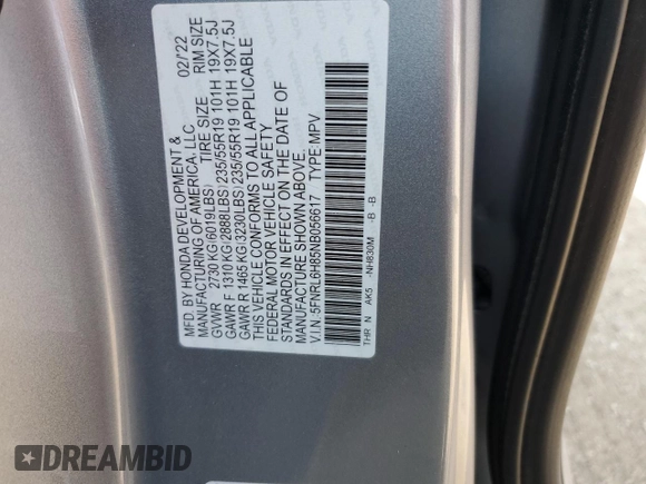 2022 Honda Odyssey Touring с VIN 5FNRL6H85NB056617, выставлен на аукционе Copart как лот 59208295 с пробегом 26 000 миль миль и Списание • Salvage title. История ставок и продаж доступна на DreamBid. Изображение 13.