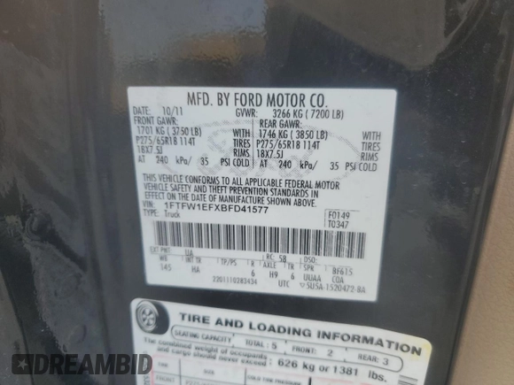 2011 Ford F-150 XL with VIN 1FTFW1EFXBFD41577, listed as a Copart auction lot 58650365 with 306,165 mi miles and Salvage title. Bid and sale history available at DreamBid. Image 12.