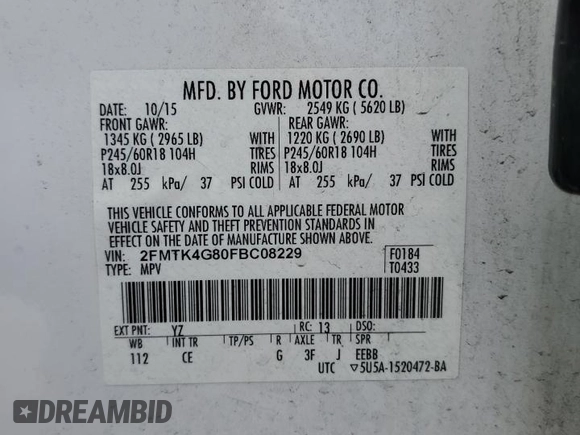 2015 Ford Edge SE with VIN 2FMTK4G80FBC08229, listed as a Copart auction lot 55768755 with 165,368 mi miles and Salvage title. Bid and sale history available at DreamBid. Image 14.