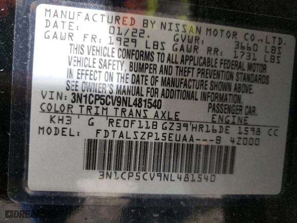2022 Nissan Kicks SV with VIN 3N1CP5CV9NL481540, listed as a Copart auction lot 86617564 with 78,757 mi miles and Salvage Title. Bid and sale history available at carsss.com. Image 16.