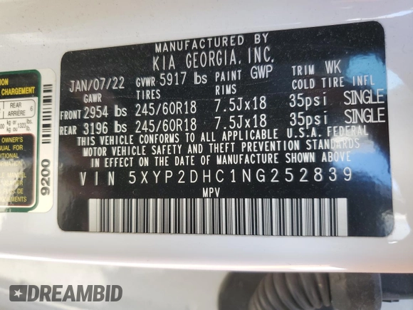 2022 Kia Telluride LX with VIN 5XYP2DHC1NG252839, listed as a Copart auction lot 47855235 with 38,819 mi miles and Salvage Title. Bid and sale history available at DreamBid. Image 14.