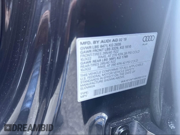 2019 Audi Q8 Premium Plus with VIN WA1EVAF16KD031014, listed as a IAAI auction lot 42193903 with 116,056 mi miles and . Bid and sale history available at DreamBid. Image 9.