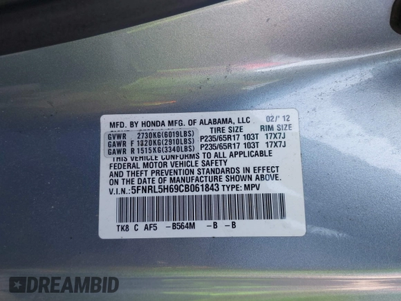 2012 Honda Odyssey EX-L с VIN 5FNRL5H69CB061843, выставлен на аукционе IAAI как лот 42135152 с пробегом 177 279 миль миль и . История ставок и продаж доступна на DreamBid. Изображение 9.