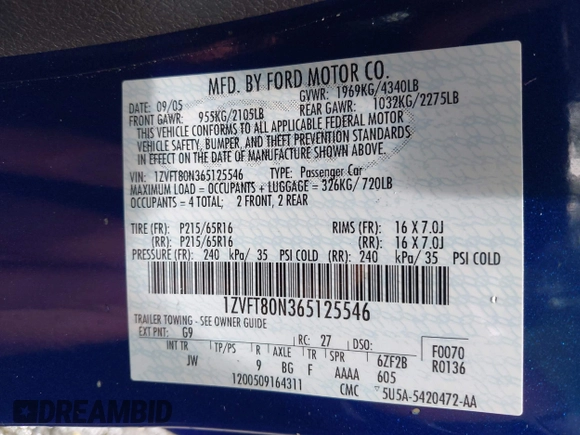 2006 Ford Mustang Standard with VIN 1ZVFT80N365125546, listed as a IAAI auction lot 42659162 with 221,544 mi miles and . Bid and sale history available at DreamBid. Image 9.