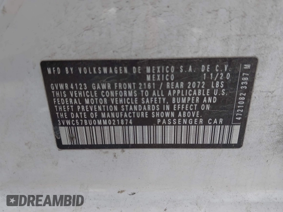 2021 Volkswagen Jetta S z VIN 3VWC57BU0MM021874, wystawiony jako IAAI lot #42124747 z przebiegiem 89 887 mil mil oraz . Historia ofert i sprzedaży dostępna na DreamBid. Obrazek 9.
