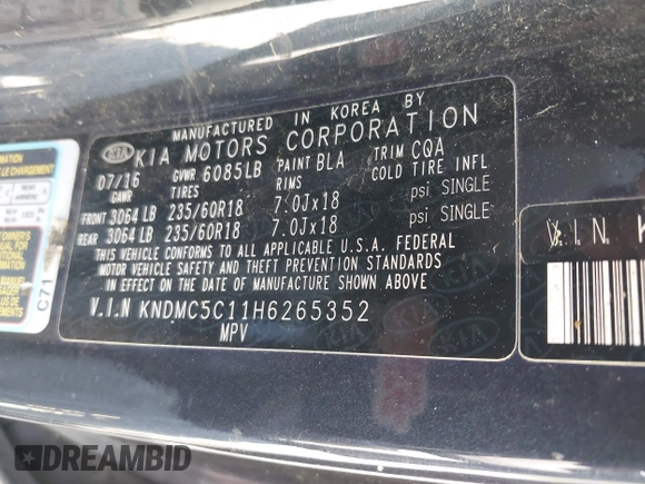 2017 Kia Sedona EX with VIN KNDMC5C11H6265352, listed as a IAAI auction lot 42181524 with 92,880 mi miles. Bid and sale history available at carsss.com. Image 9.