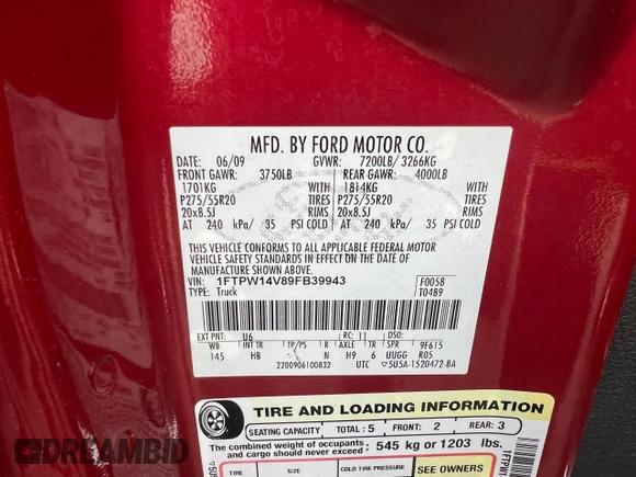 2009 Ford F-150 XL z VIN 1FTPW14V89FB39943, wystawiony jako Copart lot #59235275 z przebiegiem 231 201 mil mil oraz Czysty tytuł • Clean title. Historia ofert i sprzedaży dostępna na DreamBid. Obrazek 10.