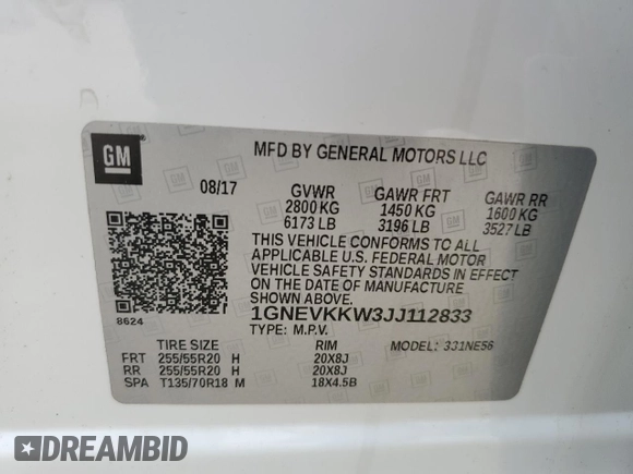 2018 Chevrolet Traverse High Country z VIN 1GNEVKKW3JJ112833, wystawiony jako Copart lot #53863825 z przebiegiem 93 010 mil mil oraz Czysty tytuł • Clean title. Historia ofert i sprzedaży dostępna na DreamBid. Obrazek 13.