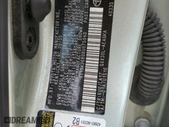 2006 Toyota Avalon XL with VIN 4T1BK36B06U075940, listed as a Copart auction lot 56022995 with 150,609 mi miles and Salvage Title. Bid and sale history available at DreamBid. Image 12.