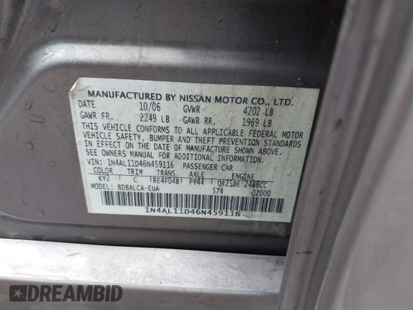 2006 Nissan Altima 2.5 with VIN 1N4AL11D46N459116, listed as a IAAI auction lot 41498539 with 202,375 mi miles. Bid and sale history available at carsss.com. Image 9.