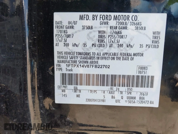 2007 Ford F-150 XLT with VIN 1FTPX14V87FB22702, listed as a IAAI auction lot 42143783 with 146,103 mi miles and . Bid and sale history available at DreamBid. Image 9.