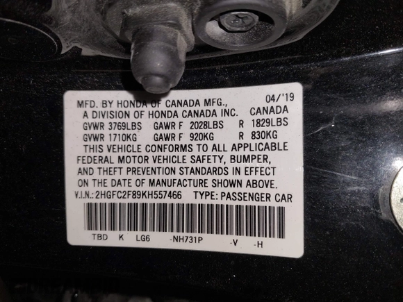2019 Honda Civic Sport with VIN 2HGFC2F89KH557466, listed as a IAAI auction lot 42335216 with 138,747 mi miles and . Bid and sale history available at DreamBid. Image 9.