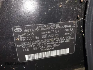 2015 Hyundai Sonata Limited with VIN 5NPE34AF2FH221022, listed as a IAAI auction lot 42068755 with 96,963 mi miles and . Bid and sale history available at carsss.com. Image 9.