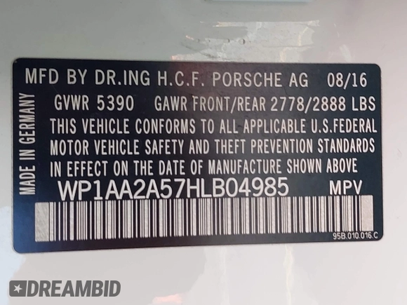 2017 Porsche Macan with VIN WP1AA2A57HLB04985, listed as a IAAI auction lot 42437943 with 102,312 mi miles and . Bid and sale history available at DreamBid. Image 9.