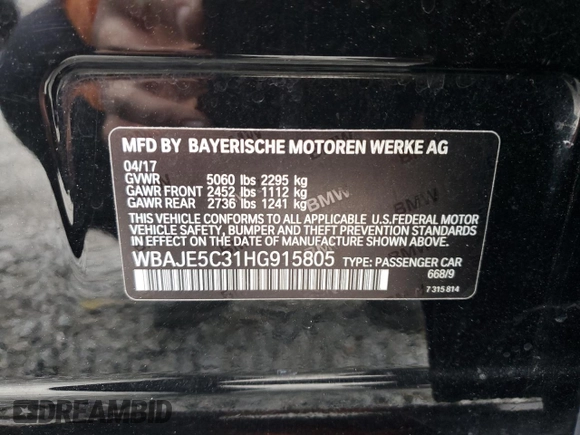 2017 BMW 5 Series 540i with VIN WBAJE5C31HG915805, listed as a Copart auction lot 85272294 with 128,653 mi miles and Salvage Title. Bid and sale history available at carsss.com. Image 14.