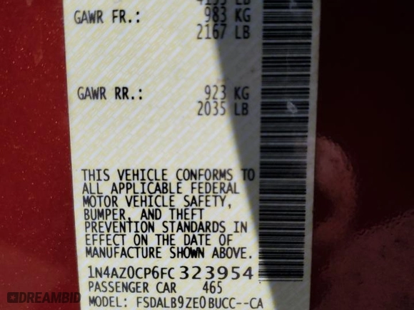 2015 Nissan LEAF SL with VIN 1N4AZ0CP6FC323954, listed as a Copart auction lot 42581985 with 70,525 mi miles and Salvage Title. Bid and sale history available at carsss.com. Image 12.