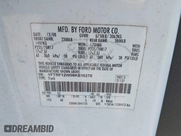 2009 Ford F-150 XL with VIN 1FTRF12W09KB16278, listed as a IAAI auction lot 41944849 with 104,427 mi miles and . Bid and sale history available at DreamBid. Image 9.