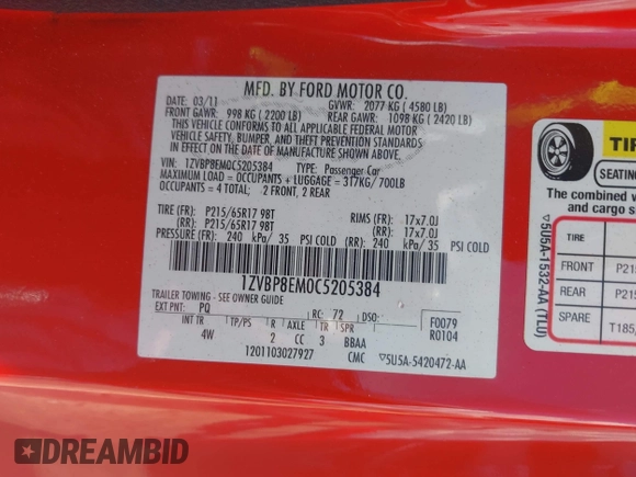 2012 Ford Mustang V6 with VIN 1ZVBP8EM0C5205384, listed as a IAAI auction lot 42513629 with 229,288 mi miles and . Bid and sale history available at DreamBid. Image 9.