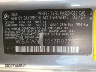 2007 BMW 3 Series 328xi with VIN WBAWV53567P077115, listed as a Copart auction lot 56944595 with 147,775 mi miles and Salvage title. Bid and sale history available at DreamBid. Image 12.