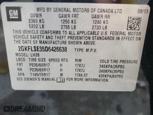 2013 GMC Terrain SLE with VIN 2GKFLSE35D6426638, listed as a Copart auction lot 78710774 with 173,176 mi miles and Salvage Title. Bid and sale history available at DreamBid. Image 12.