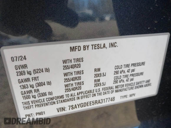 2024 Tesla Model Y Long Range z VIN 7SAYGDEE5RA317748, wystawiony jako IAAI lot #41468404 z przebiegiem 3 476 mil mil oraz . Historia ofert i sprzedaży dostępna na DreamBid. Obrazek 9.