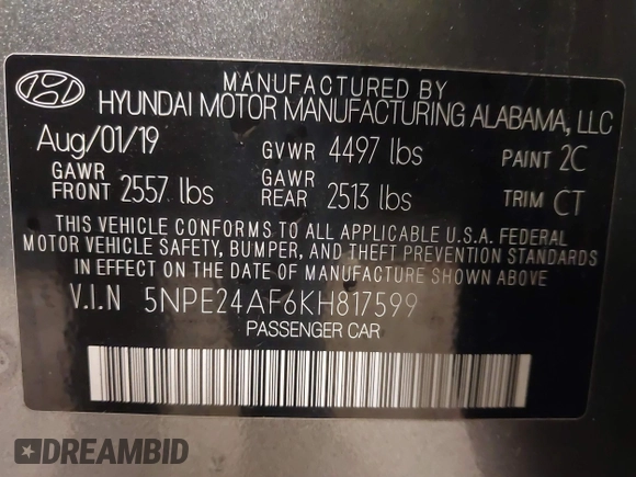 2019 Hyundai Sonata SE with VIN 5NPE24AF6KH817599, listed as a IAAI auction lot 41767384 with 43,596 mi miles and . Bid and sale history available at carsss.com. Image 9.