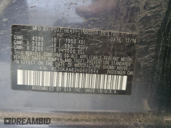 2017 Subaru Impreza with VIN 4S3GKAA63H3603844, listed as a Copart auction lot 54659505 with 124,636 mi miles and Salvage title. Bid and sale history available at DreamBid. Image 12.